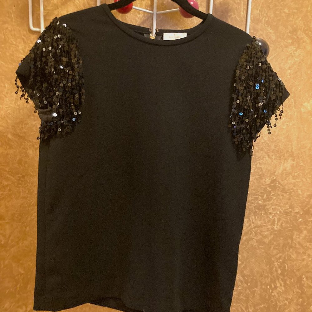 Kate Spade Black Cocktail Crepe Sequin Studded Sleeve Top  Size 0